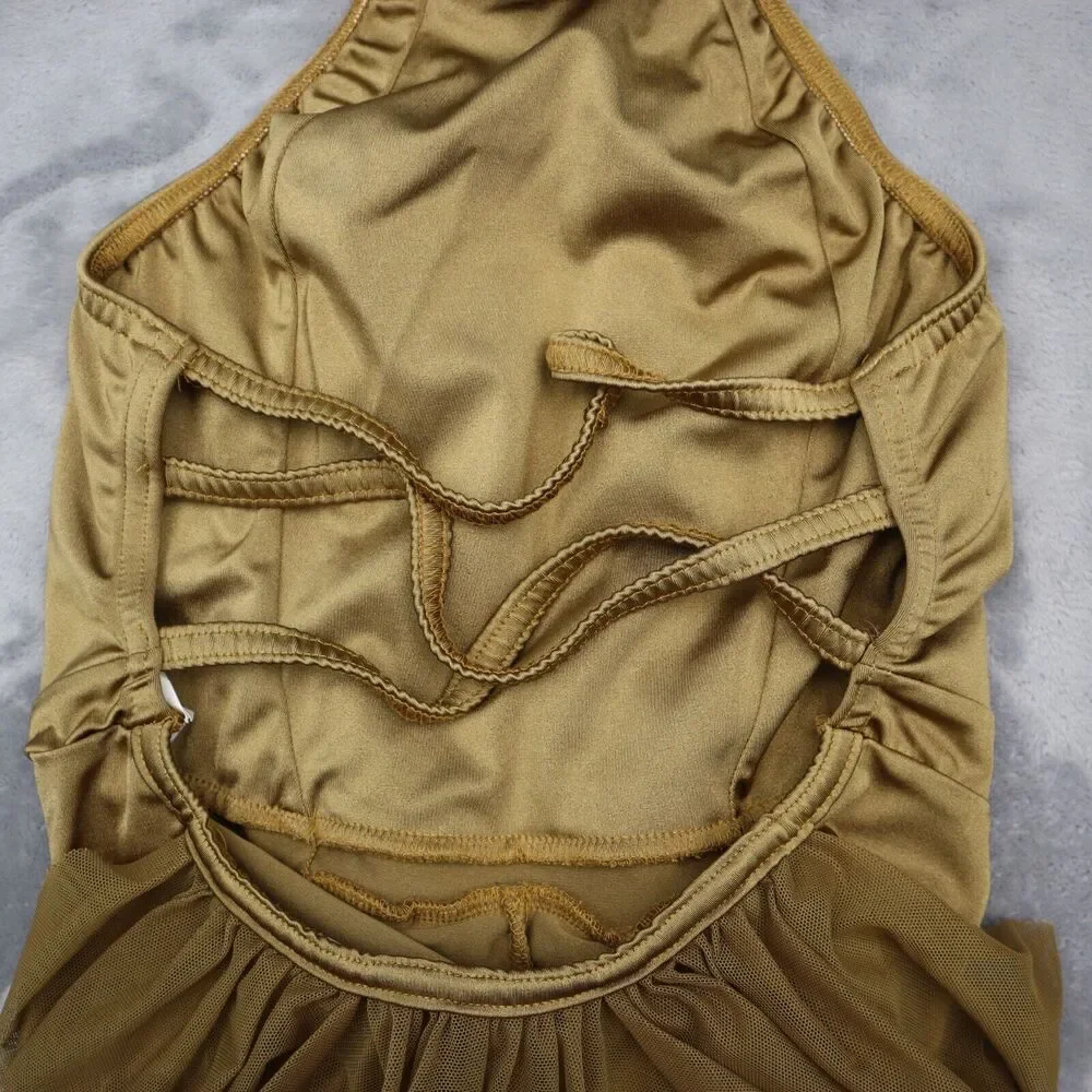 Kelle Dress Girls L Gold Sleeveless Halter Neck Open Back Strap Lyrical Costume
